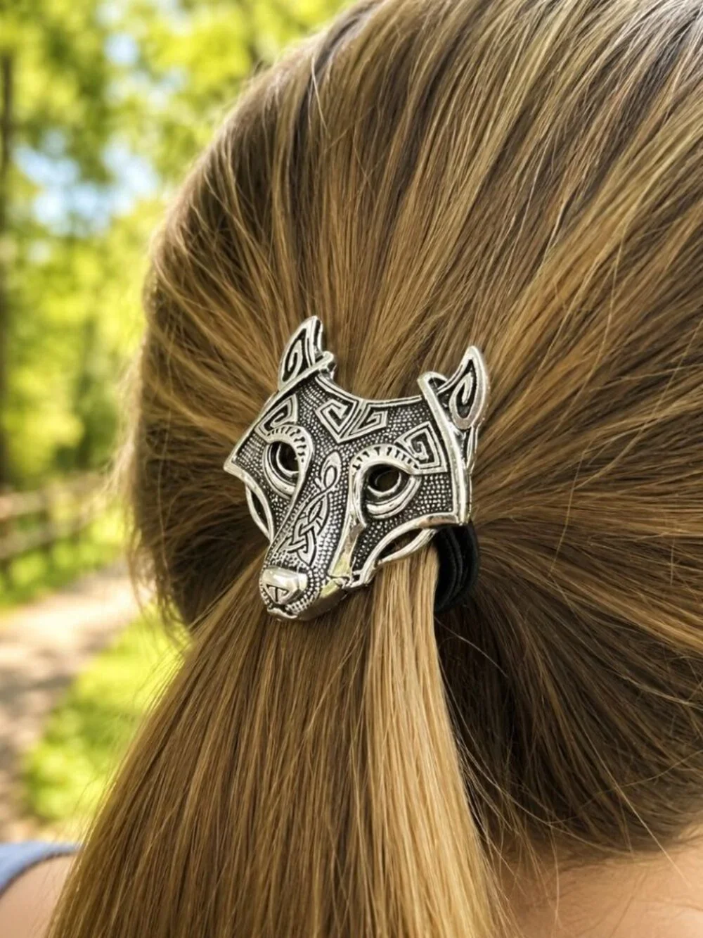 Wolf Hair Tie Ponytail Holder Celtic Nordic Silver Tone Hair Accessory